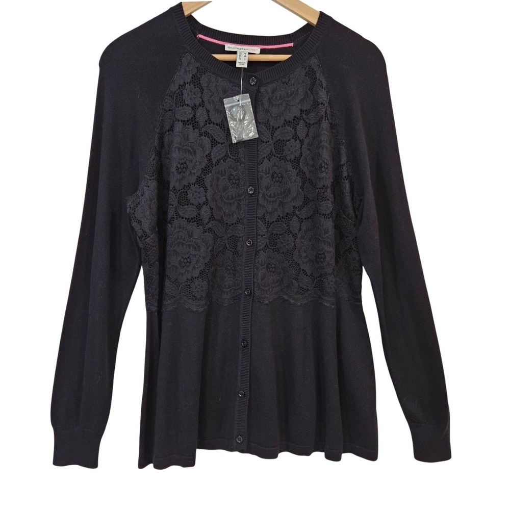 Isaac Mizrahi Live Womens M Black Floral Lace Peplum Button Front Cardigan